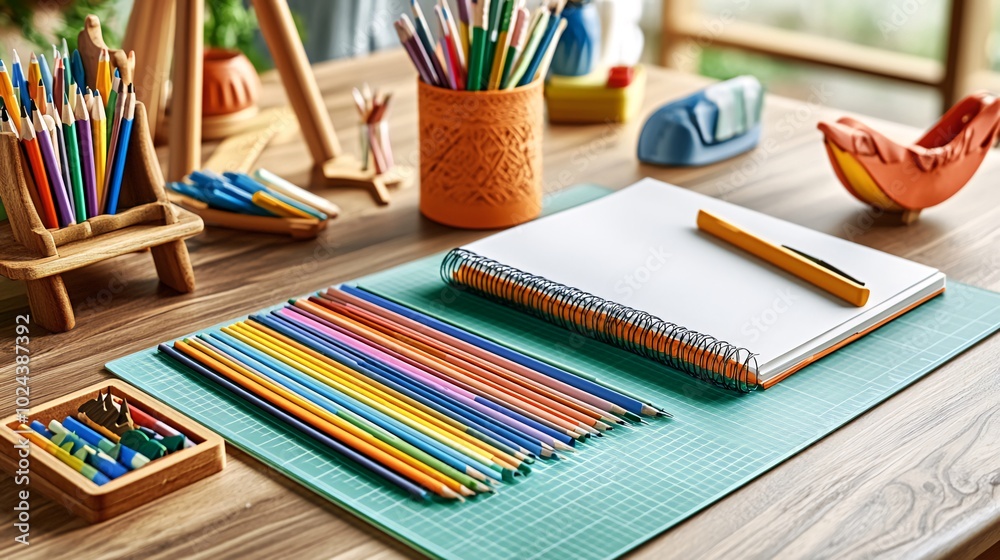 Naklejka premium An artist's workspace with colorful pencils, a notebook, and other tools on a wooden desk.