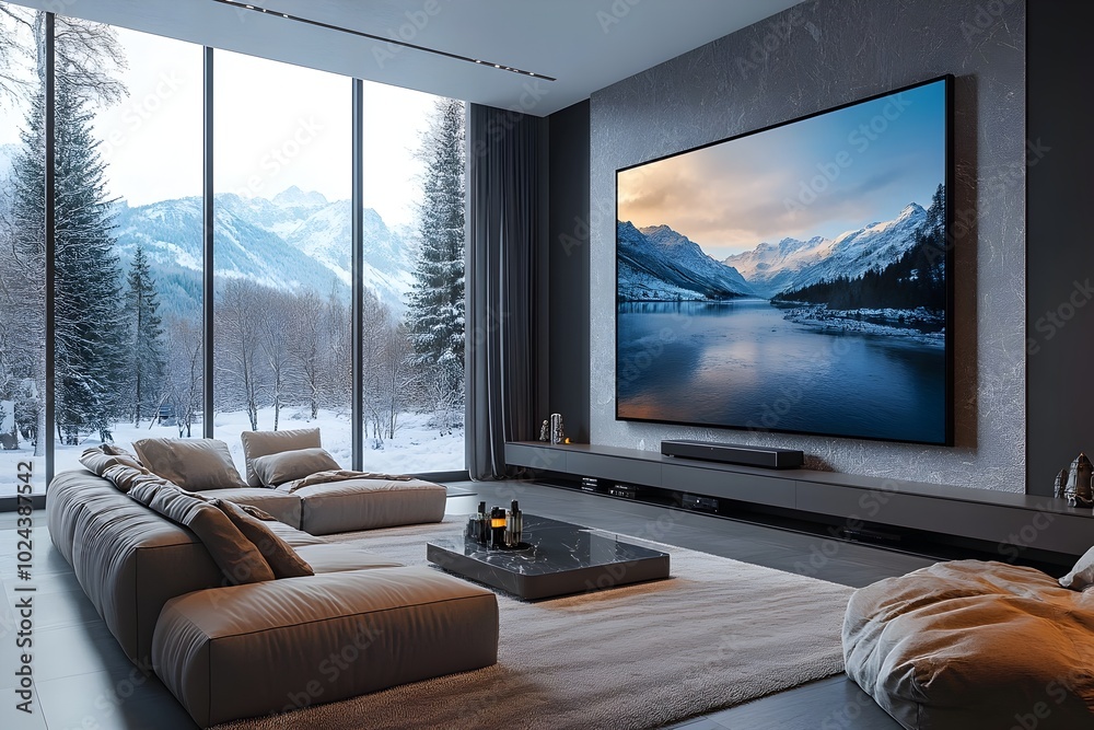 Fototapeta premium Elegant Modern Living Room with Large TV Screen and Comfortable Sofa Home Entertainment in Scenic