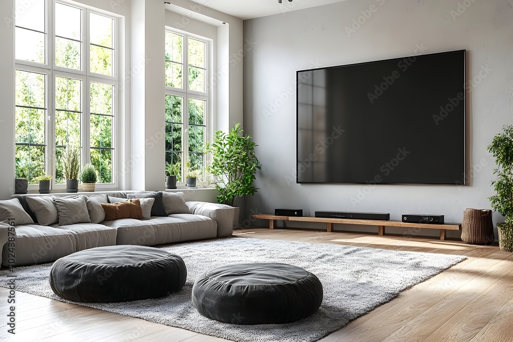 Elegant Modern Living Room with Large TV Screen and Comfortable Sofa for Home Entertainment Elegant Modern Living Room with Large TV Screen and Comfortable Sofa for Home Entertainment