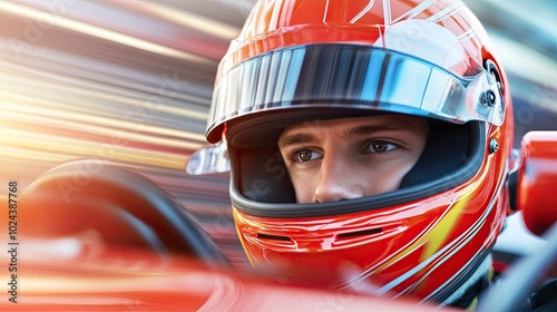 Focused Driver Behind Racing Visor in Dynamic Motion