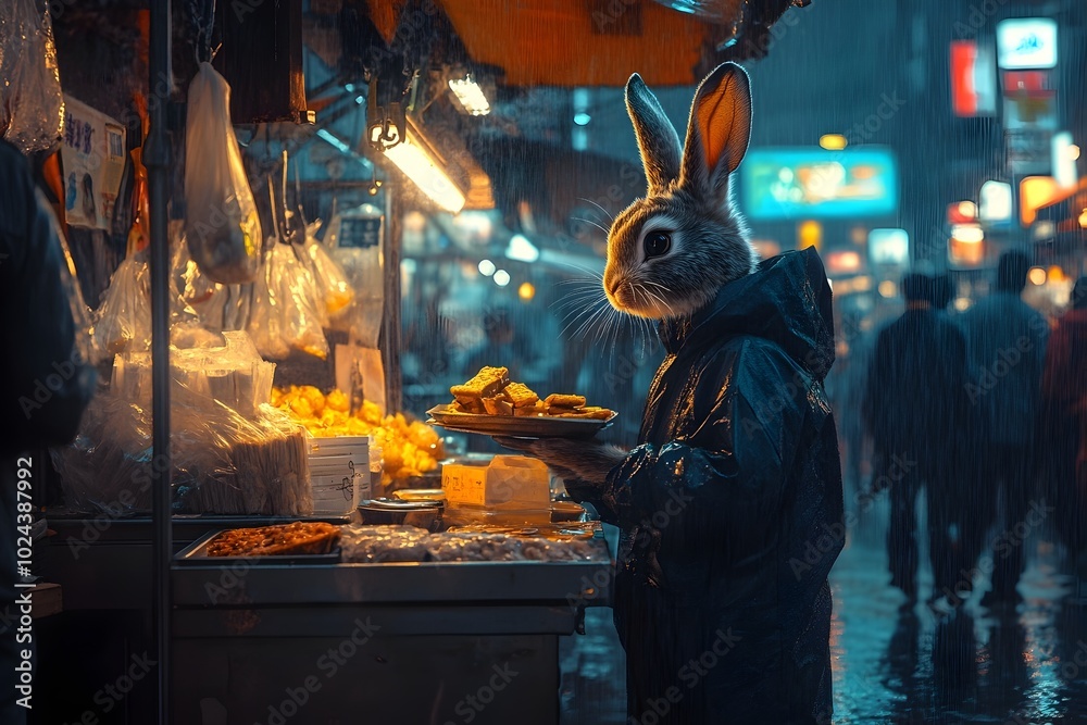 Surreal Rabbit Grabbing a Quick Snack from a Bustling Night Market Vendor Surreal Rabbit Grabbing a Quick Snack from a Bustling Night Market Vendor