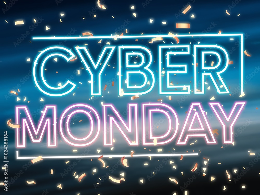 Neon Cyber Monday Sign with Confetti on a Blue Background Neon Cyber Monday Sign with Confetti on a Blue Background