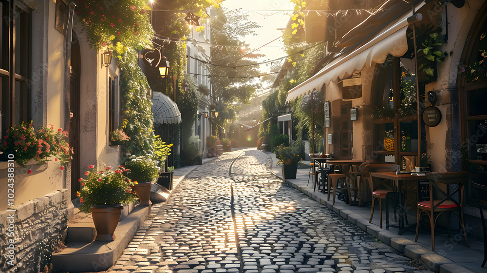 Picturesque Street Scene Featuring Cozy Cafes and Cobblestone Walkway
