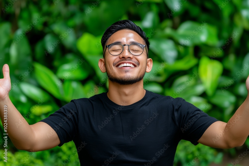 Man with glasses is smiling and holding his hands up in the air. Concept of joy and positivity. happy man in nature with lot of greenery around him siling Man with glasses is smiling and holding his hands up in the air. Concept of joy and positivity. happy man in nature with lot of greenery around him siling
