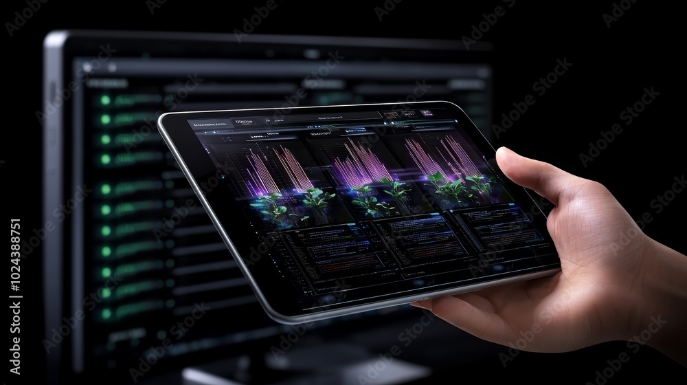 Hand Holding Tablet With Plant Growth Data On Screen In Front Of Server Rack Hand Holding Tablet With Plant Growth Data On Screen In Front Of Server Rack