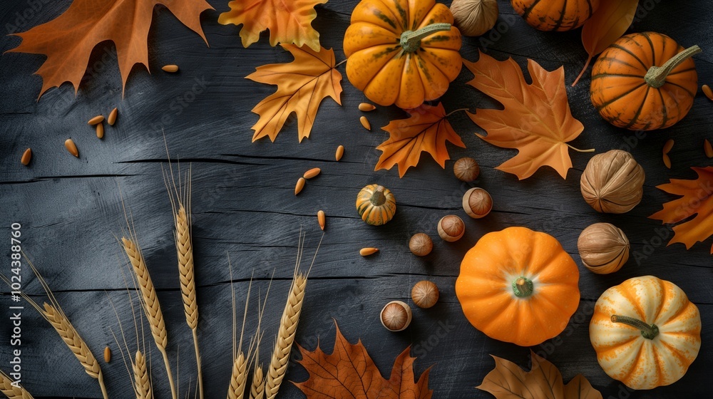 A flat lay of autumn decor on a dark, weathered wooden background with orange and yellow leaves arranged alongside small pumpkins, walnuts, and golden wheat stalks, creating a rustic autumnal display. A flat lay of autumn decor on a dark, weathered wooden background with orange and yellow leaves arranged alongside small pumpkins, walnuts, and golden wheat stalks, creating a rustic autumnal display.