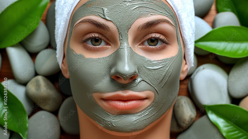 Serene Woman Relaxing with Natural Clay Facial Mask at Spa Serene Woman Relaxing with Natural Clay Facial Mask at Spa