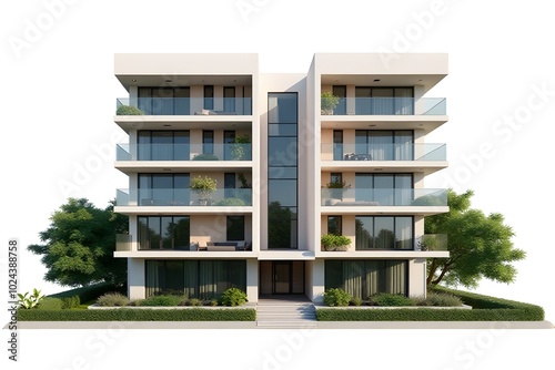 A modern, four-story apartment building with a sleek, contemporary design. The building features large windows, private balconies, and landscaped grounds.