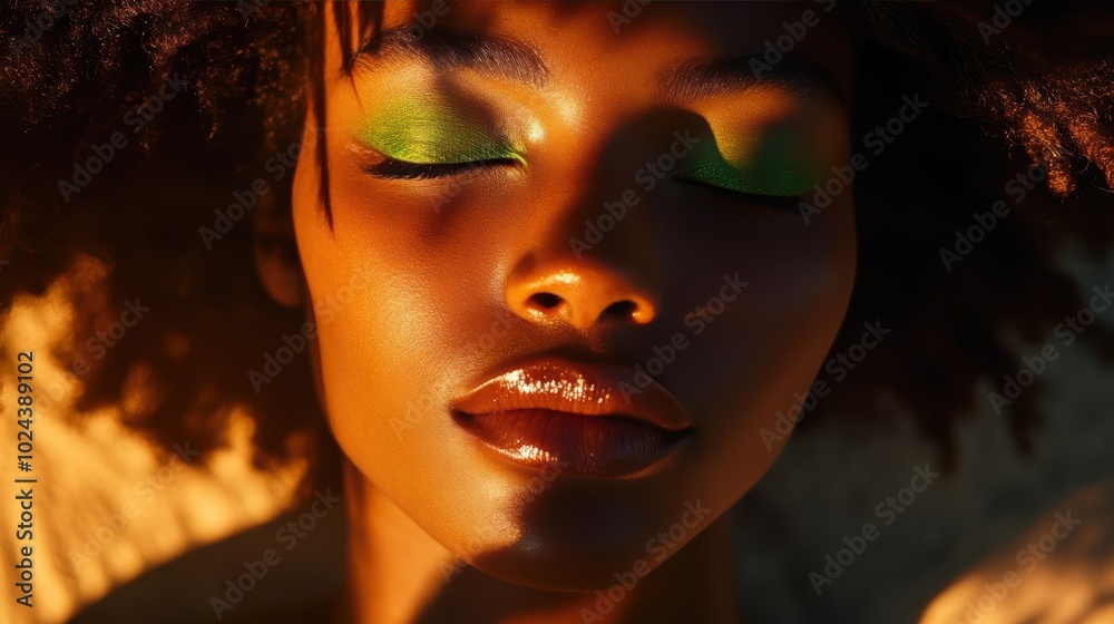 Golden hour beauty with vibrant green eyeshadow glowing skin Golden hour beauty with vibrant green eyeshadow glowing skin