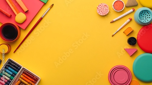 Colorful art supplies on a yellow background with copy space.