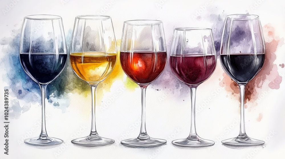 Watercolor Painting of Wine Glasses with Different Wine Colors Watercolor Painting of Wine Glasses with Different Wine Colors