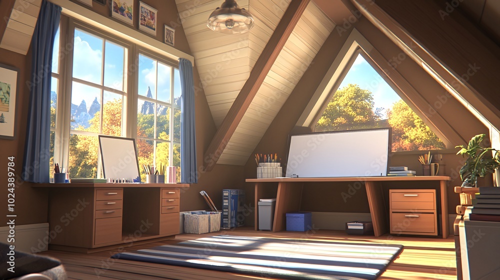 Naklejka premium Cozy attic room with two desks and a window overlooking a scenic landscape.