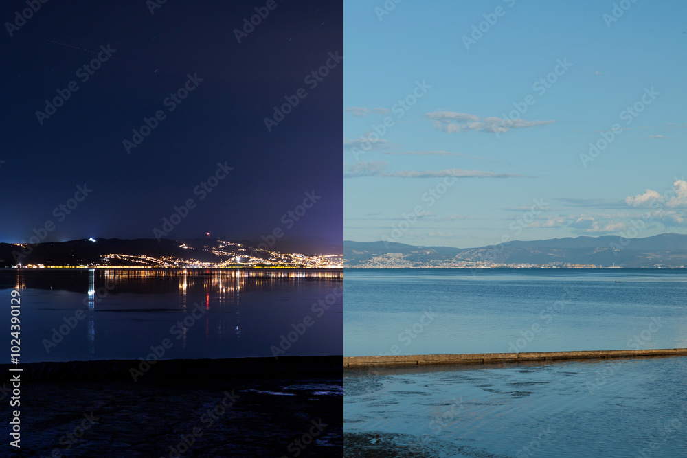 differenza tra giorno e notte. inquadratura divisa a metà che mostra le differenze della linea costiera, delle colline della città di Trieste e paesi limitrofi in orario diurno e notturno