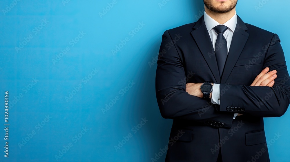 Confident Man in Smart Suit Against Blue Background Confident Man in Smart Suit Against Blue Background