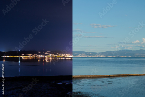 Obraz na płótnie differenza tra giorno e notte. inquadratura divisa a metà che mostra le differenze della linea costiera, delle colline della città di Trieste e paesi limitrofi in orario diurno e notturno w salonie