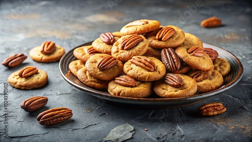 A plate of pecan-topped cookies, arranged in a pleasingly haphazard way, ready for a delicious treat. photo