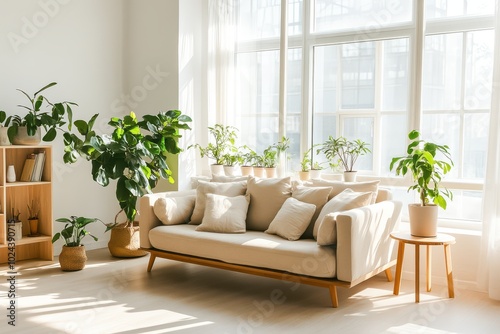 A bright, airy living room featuring minimalist design with a cozy beige couch and wooden