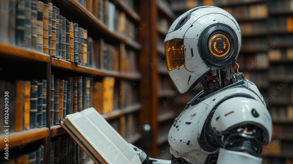 A white humanoid robot is reading a book in a library with bookshelves full of old, leather-bound books. A white humanoid robot is reading a book in a library with bookshelves full of old, leather-bound books.