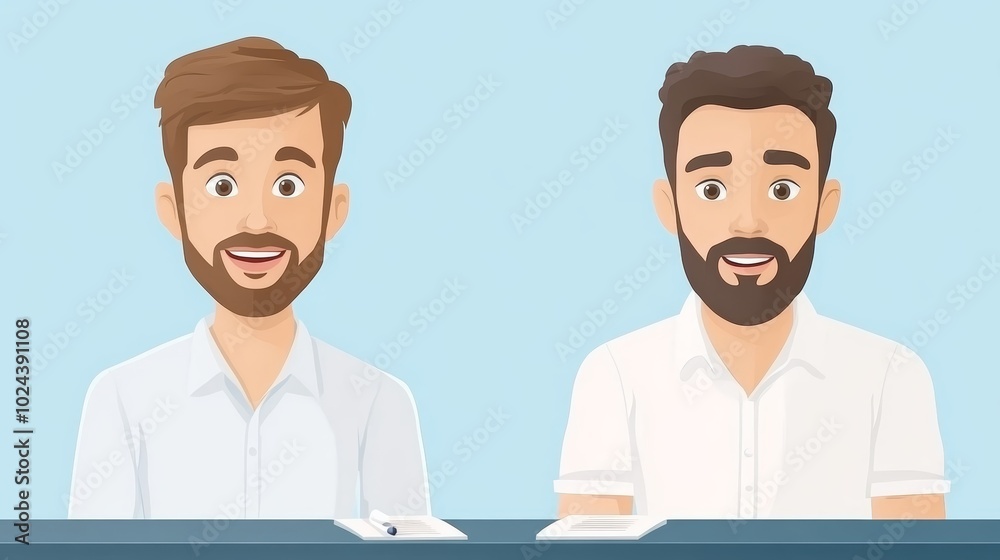 Happy Smiling Men Colleagues At Desk With Paperwork Happy Smiling Men Colleagues At Desk With Paperwork
