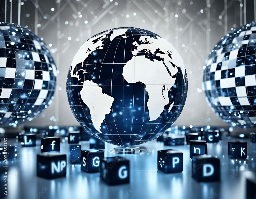 A futuristic blue and silver globe, hovering on a blank white canvas, with chains of luminous data blocks encircling it in a complex pattern, symbolizing the interconnected digital A futuristic blue and silver globe, hovering on a blank white canvas, with chains of luminous data blocks encircling it in a complex pattern, symbolizing the interconnected digital
