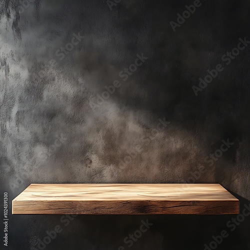  Wood countertop in the kitchen. Empty wooden table for product against dark concrete wall background. 3D brown podium for advertising. Mockup with design platform. 