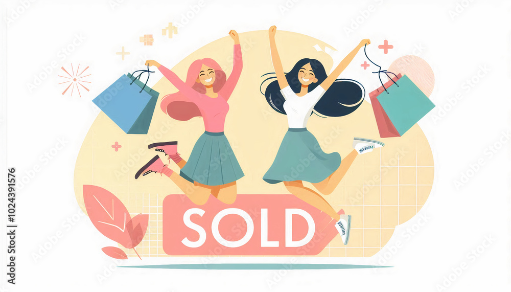 Obraz premium Two women celebrating a purchase with a 