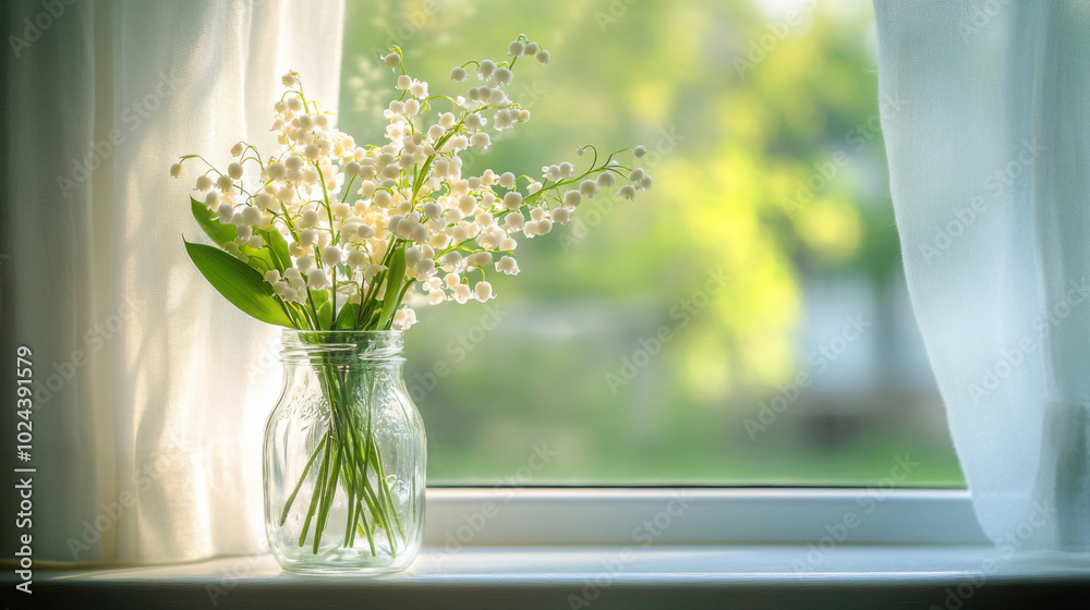 Lily of the Valley flowers in a glass jar placed on a windowsill with natural light Lily of the Valley flowers in a glass jar placed on a windowsill with natural light