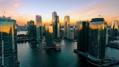 City skyline with tall skyscrapers reflecting in calm water during twilight