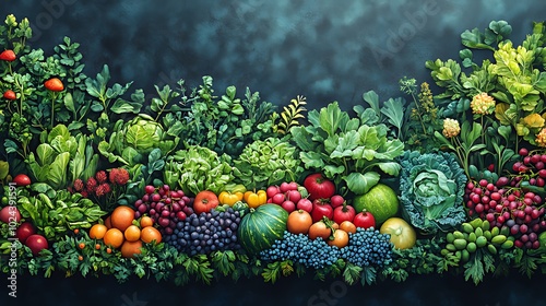 A vibrant assortment of fresh fruits and vegetables, including apples, oranges, grapes, tomatoes, and cabbages, arranged in a lush and colorful display against a dark blue background.