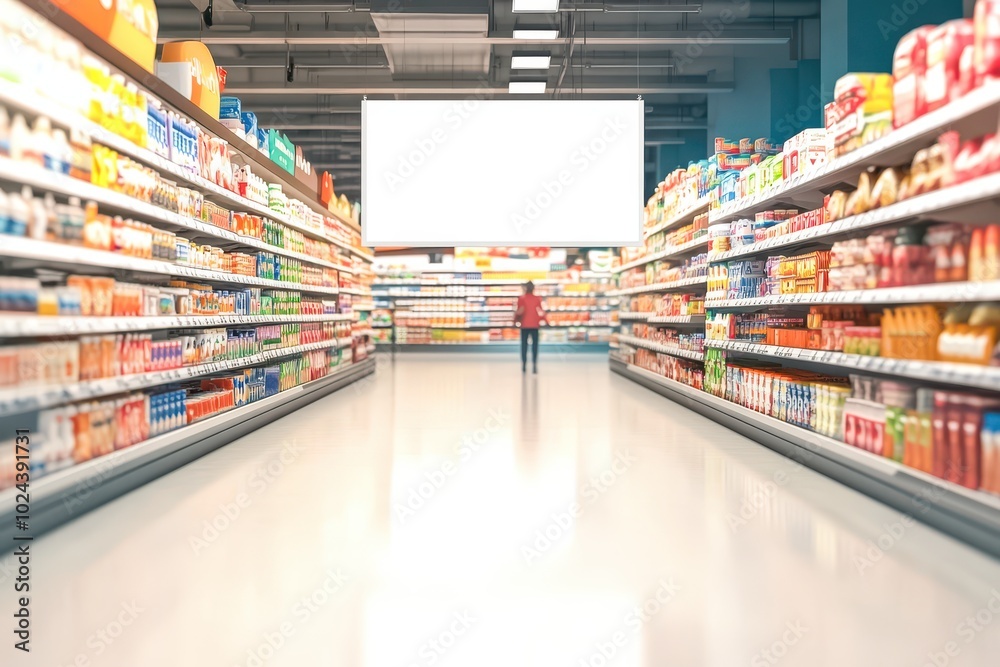 A brightly lit, modern grocery store aisle with a blank white sign hanging from the ceiling A brightly lit, modern grocery store aisle with a blank white sign hanging from the ceiling