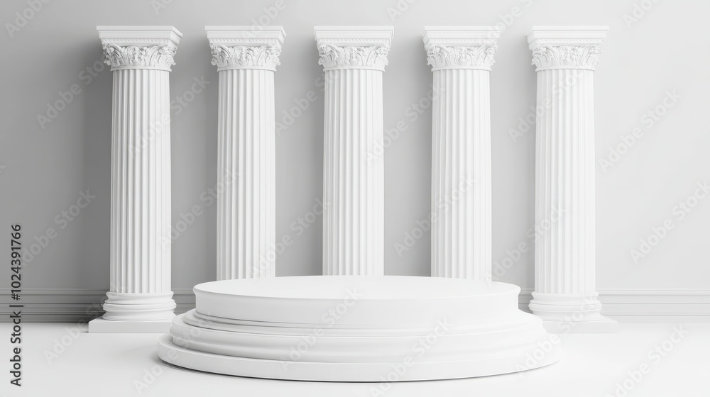 Obraz premium A simple, white 3D podium with tall pillars in the background. This design is perfect for showcasing products or creating a stylish display for fashion.