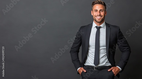 Confident Man in a Smart Suit Posing Against Dark Background