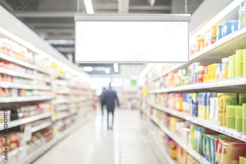 A brightly lit, modern grocery store aisle with a blank white sign hanging from the ceiling