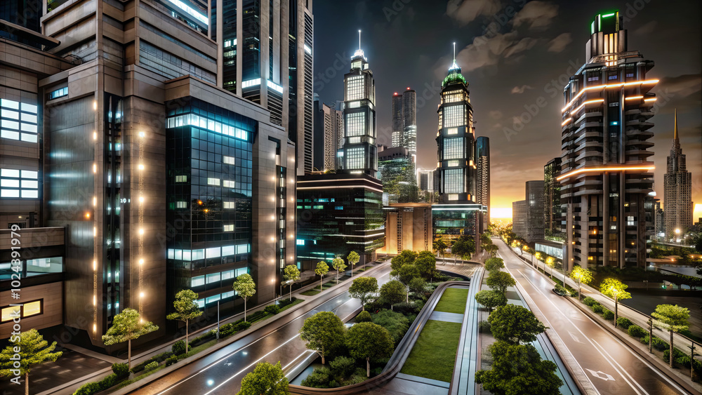 Fototapeta premium The setting captures a vibrant cityscape just after sunset, showcasing sleek skyscrapers casting reflections against a serene road lined with trees