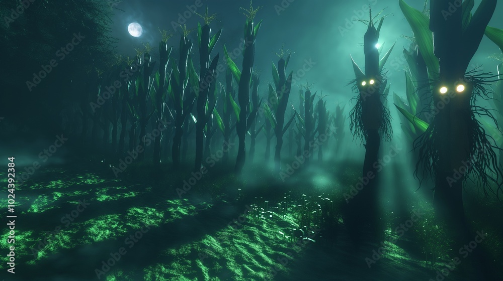A foggy cornfield at night, with towering stalks illuminated by a faint harvest moon. Shadows shift between the rows, and strange scarecrows with glowing eyes seem to watch over the field. A foggy cornfield at night, with towering stalks illuminated by a faint harvest moon. Shadows shift between the rows, and strange scarecrows with glowing eyes seem to watch over the field.