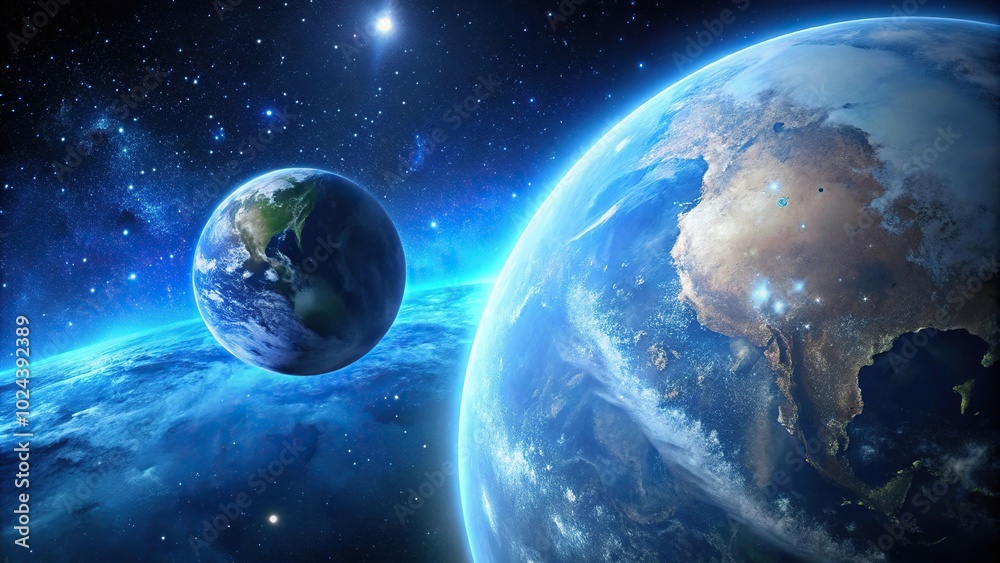 Obraz premium Blue planet Earth, moon and stars reflecting in space on sky