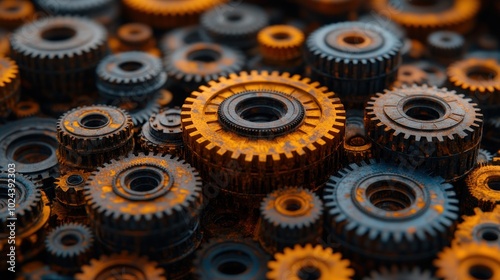 A close-up shot of a pile of rusty metal gears, some are in the focus while others are out of focus.