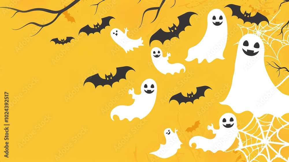 Yellow_cartoon_Halloween_ghost_pumpkin_bat_poster Yellow_cartoon_Halloween_ghost_pumpkin_bat_poster