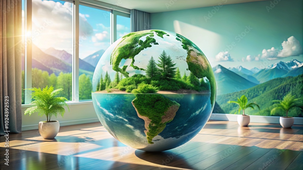 A spherical representation of Earth, encased in a glass orb, rests on a wooden floor, showcasing a panoramic view of lush landscapes and mountains beyond a large window. A spherical representation of Earth, encased in a glass orb, rests on a wooden floor, showcasing a panoramic view of lush landscapes and mountains beyond a large window.