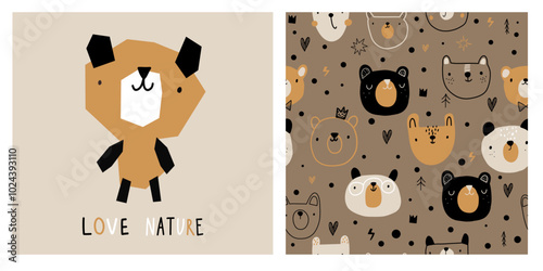 Beige brown cute bear minimalistic scandinavian boho seamless pattern forest woodland backdrop wallpaper, fabric apparel.