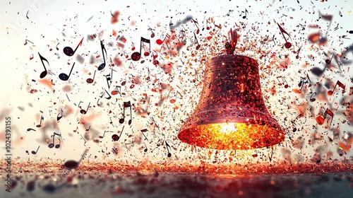 A radiant copper bell surrounded by a flurry of musical notes in a dynamic abstract style, capturing the energetic spirit of art and harmony in visual motion. photo