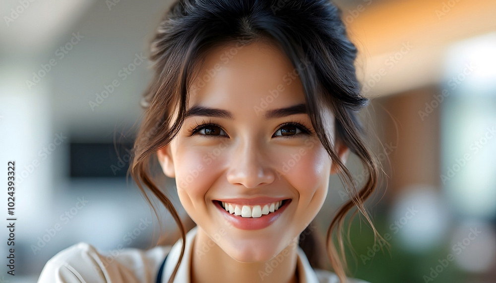 Closeup portrait of a pretty and happy brunette girl smiling exhuming confidence Closeup portrait of a pretty and happy brunette girl smiling exhuming confidence