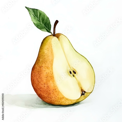 Watercolor illustration of a pear with leaf.