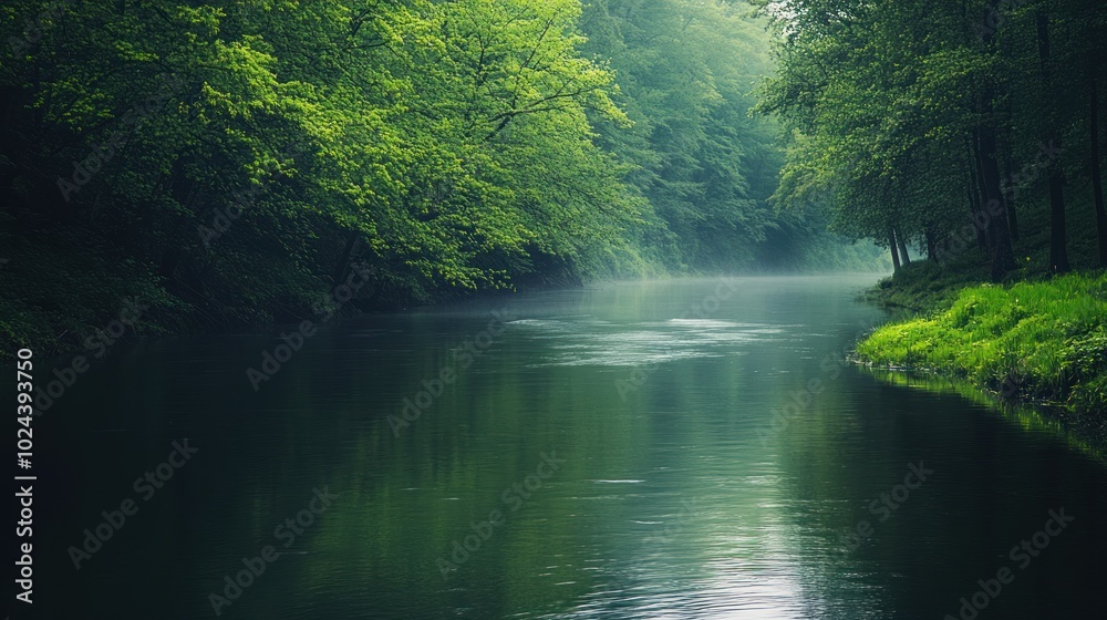 Serene River Flowing Through Lush Green Forest Serene River Flowing Through Lush Green Forest