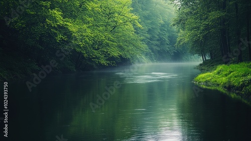 Serene River Flowing Through Lush Green Forest