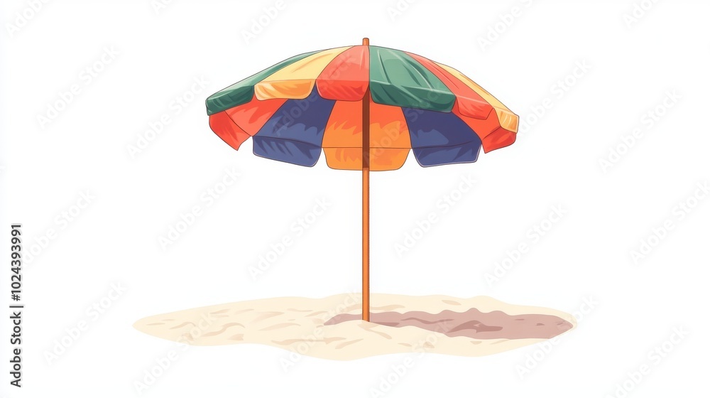A cheerful, cartoon beach umbrella with colorful stripes stands out against a white background. This simple illustration is perfect for representing summer fun, vacations, and escaping the heat.