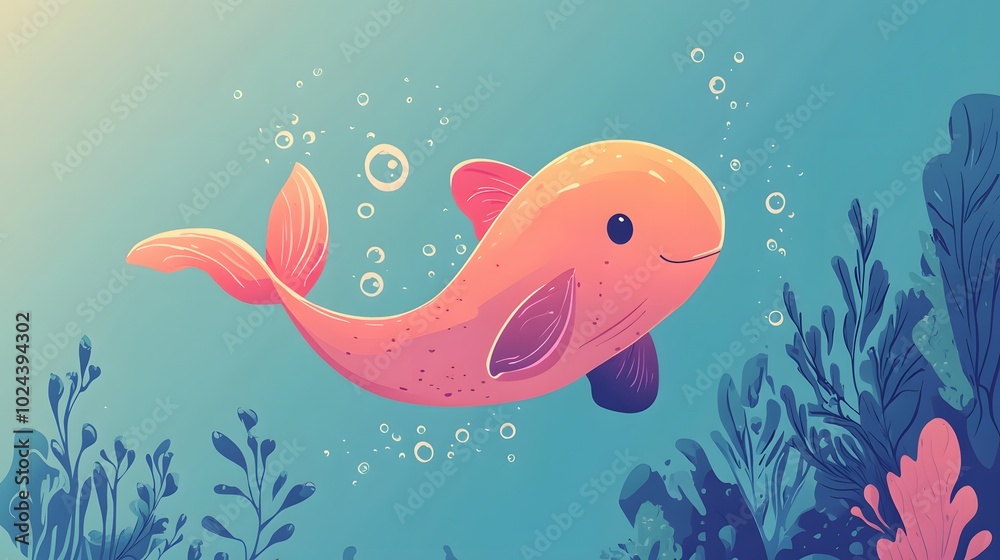 Naklejka premium A Pink Whale Swimming in a Blue Ocean with Bubbles and Coral Reefs
