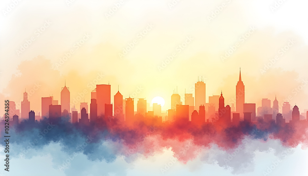 City skyline at sunset with colorful clouds and soft light reflecting on the horizon City skyline at sunset with colorful clouds and soft light reflecting on the horizon