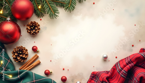 Festive Christmas flat lay with ornaments, pine cones, and cozy fabrics on a holiday background