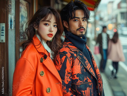 Couple travel and walking in the Tokyo, one wearing a stylish coat and the other in a jacket.